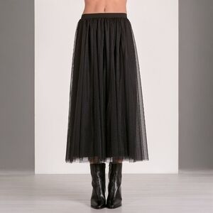 Vintage Alex Evenings Woman Black Tulle Overlay Whimsical Pleated Midi Skirt 1X